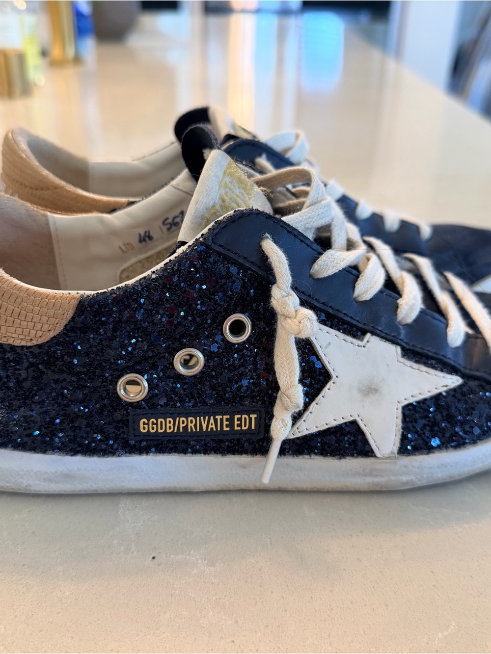 Golden Goose Kids Navy Glitter Star Sneakers with White Star and Beige Heel